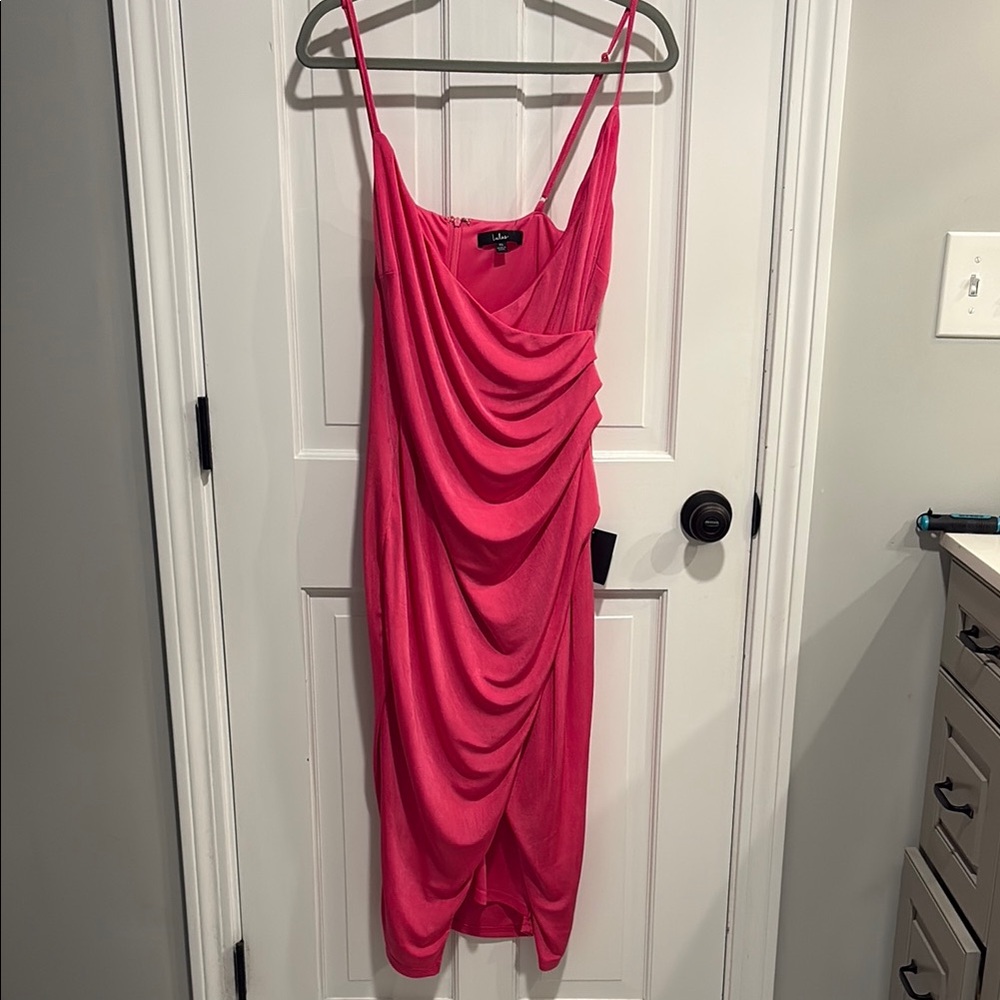 Lulu's Pink Asymmetrical Ruched Midi Dress